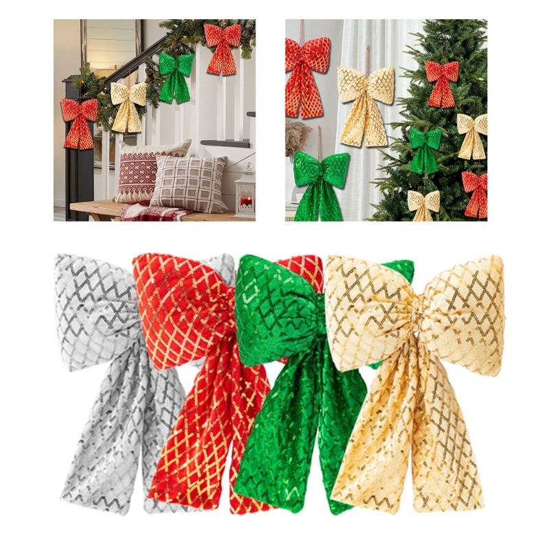 Fabric Christmas Bowknot Hanging Decoration With Shimmering Plaids Design For Christmas Party Home Holiday Accent