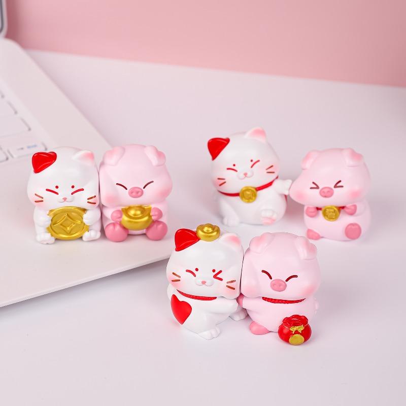 Cute Cat and Little Lucky Pig Figurines, Couple Resin Ornaments, Desktop Decorations, Girls' Gifts