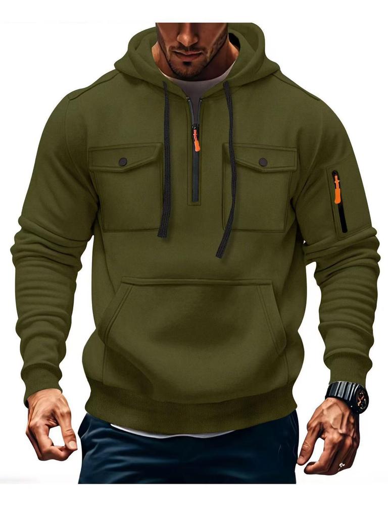 Men's Multi-Pocket Fleece Lined Hoodie Jacket - Casual and Versatile for Autumn/Winter