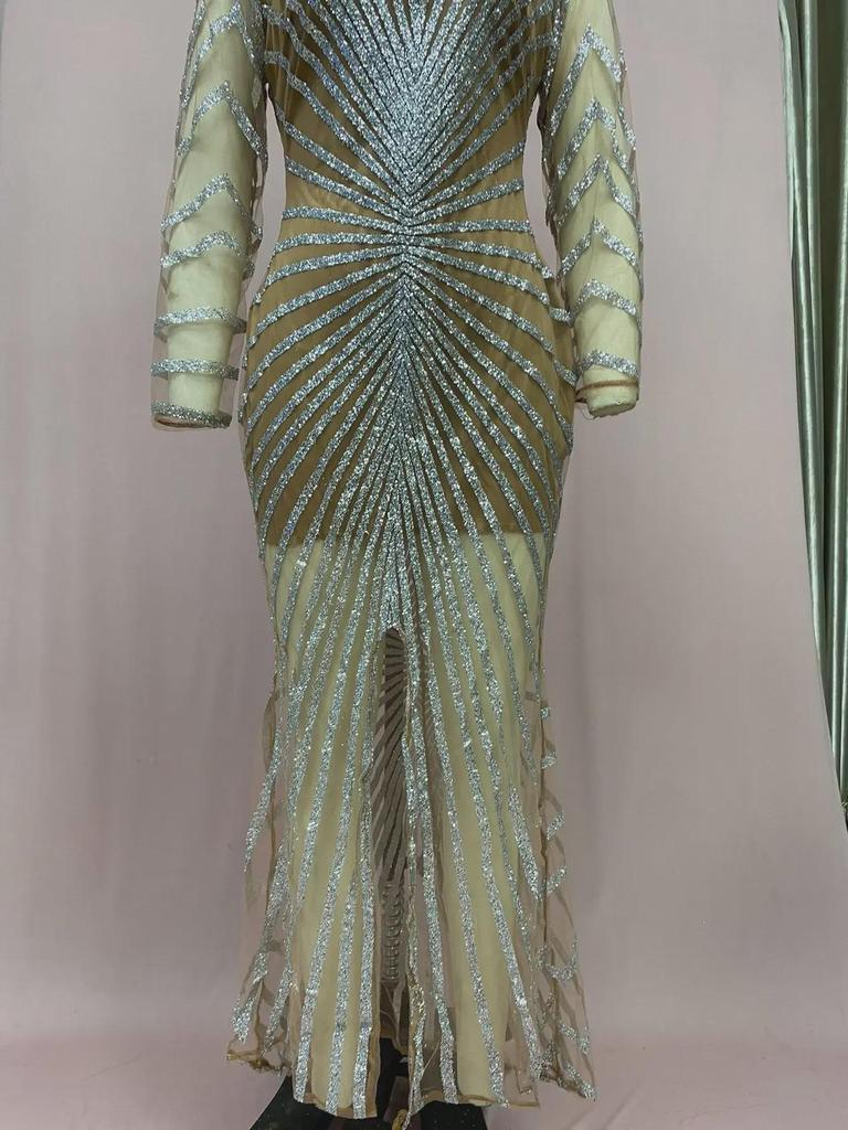 2025 Spring European & American Fashion: Hot Diamond See-Through Mesh Long-Sleeve Slit Dress