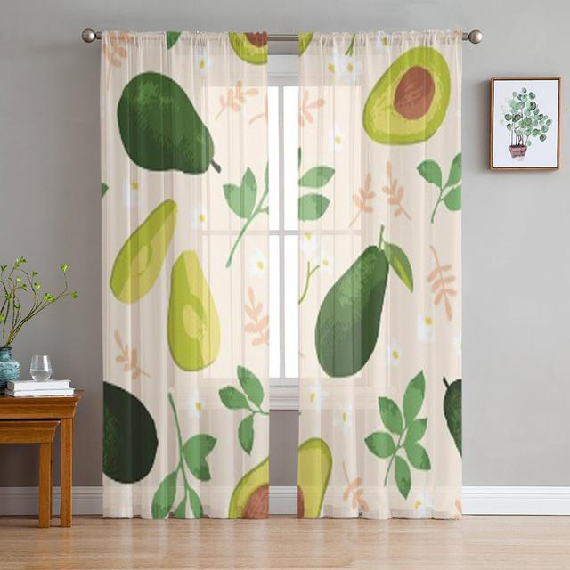 Avocado Green Cute Fruits Cartoon Tulle Curtains For Living Room Bedroom Decor Transparent Chiffon Sheer Voile Window Curtain