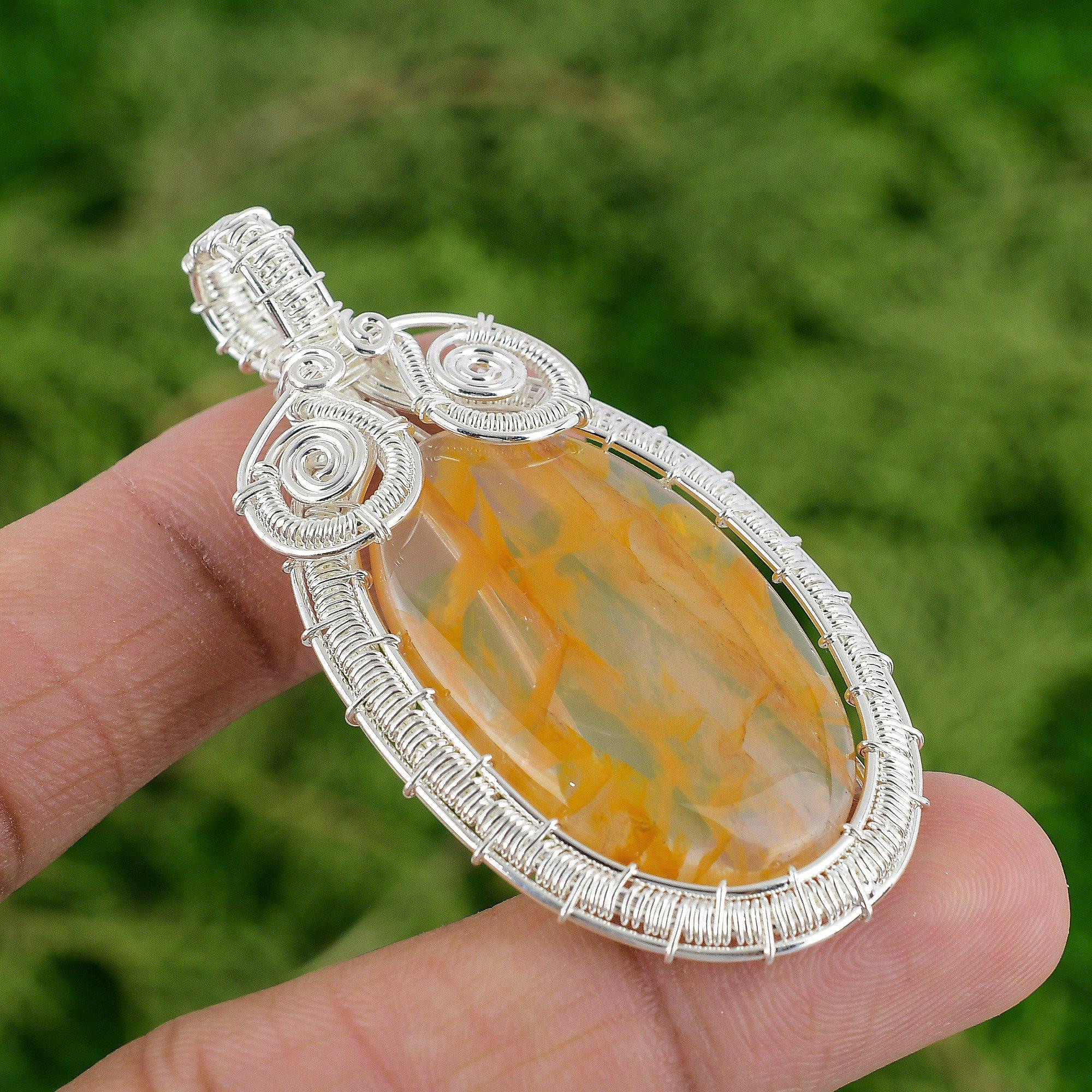 

925 Silver Plume Agate Gemstone Trendy Wire Wrapping Mother Anniversary Pendant