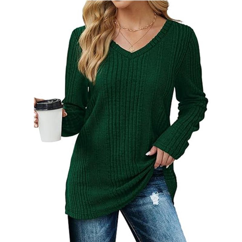 Pulover Tricotat cu Gât în V pentru Femei cu Mânecă Lungă Culoare Uni Pullover Casual Top de Zi cu Zi