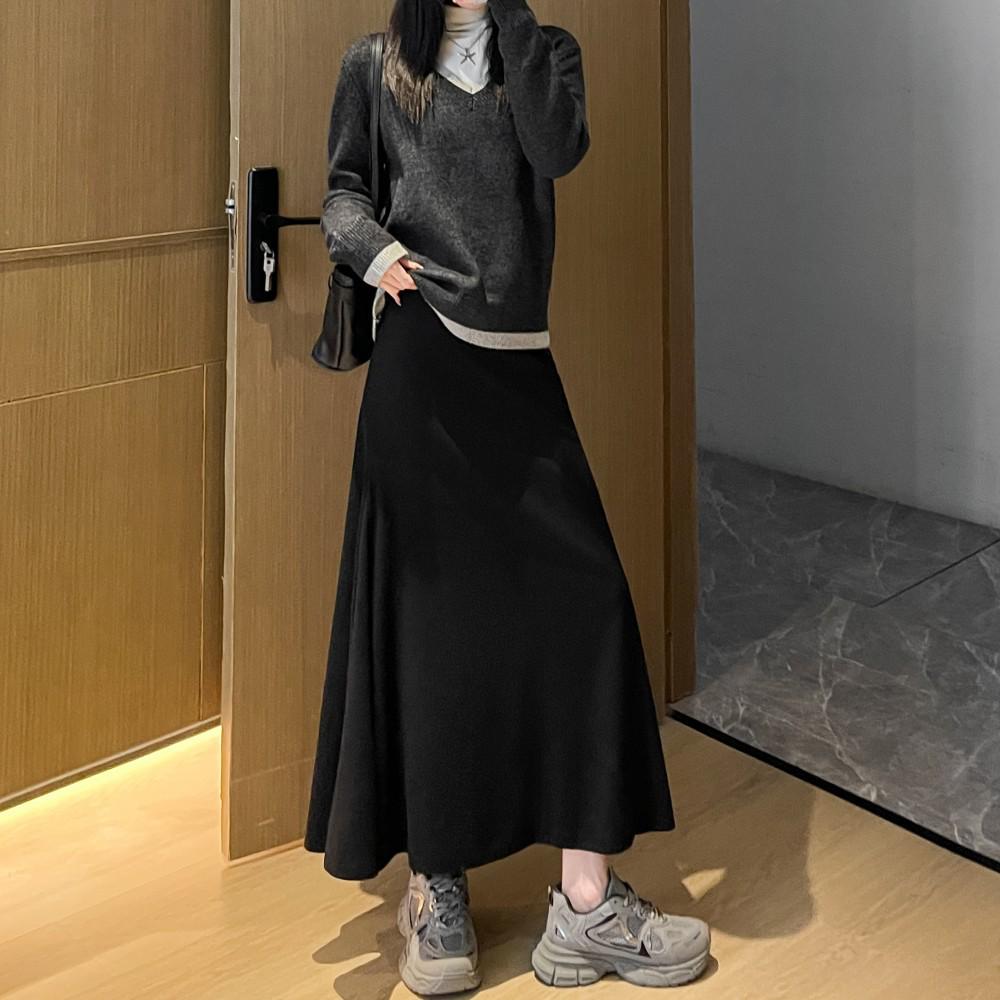 

Women s High-Waisted Mermaid Midi Skirt: Draped, Slimming, A-Line, Hip-Hugging, Versatile for Autumn and Winter Medium чёрный