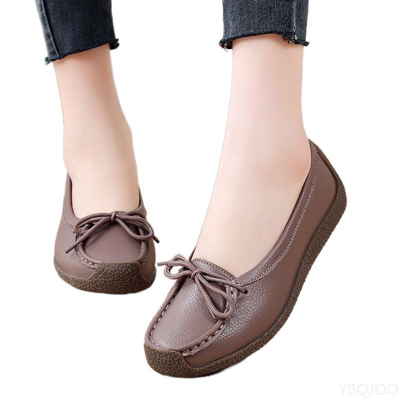 Luxury Summer Mom Shoes Cow tendon sole Women's Flats Anti slip shallow mouth soft soled shoes Solid color lace up flat 2025