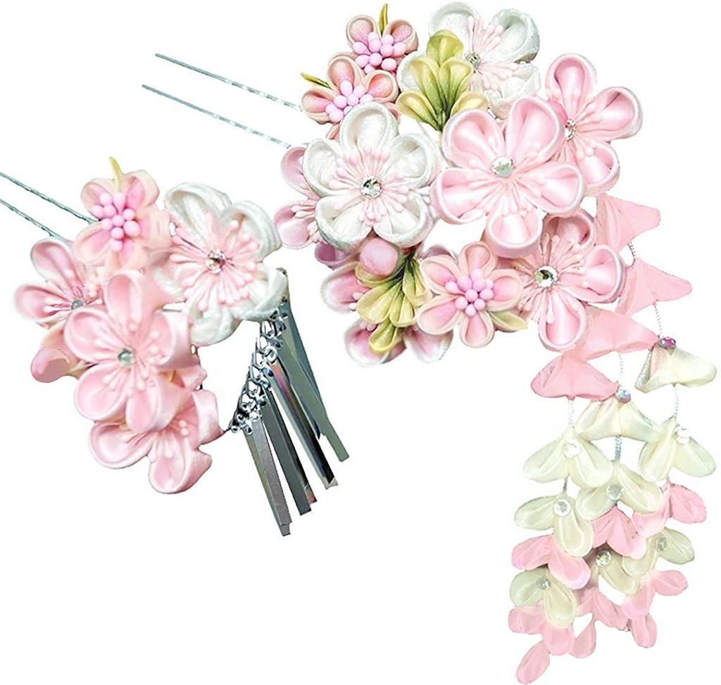hair ornament set Furisode ceremony Tsumami work pink white silver leaf [Kyoto Usagido] 2-piece coming-of-age wk-279