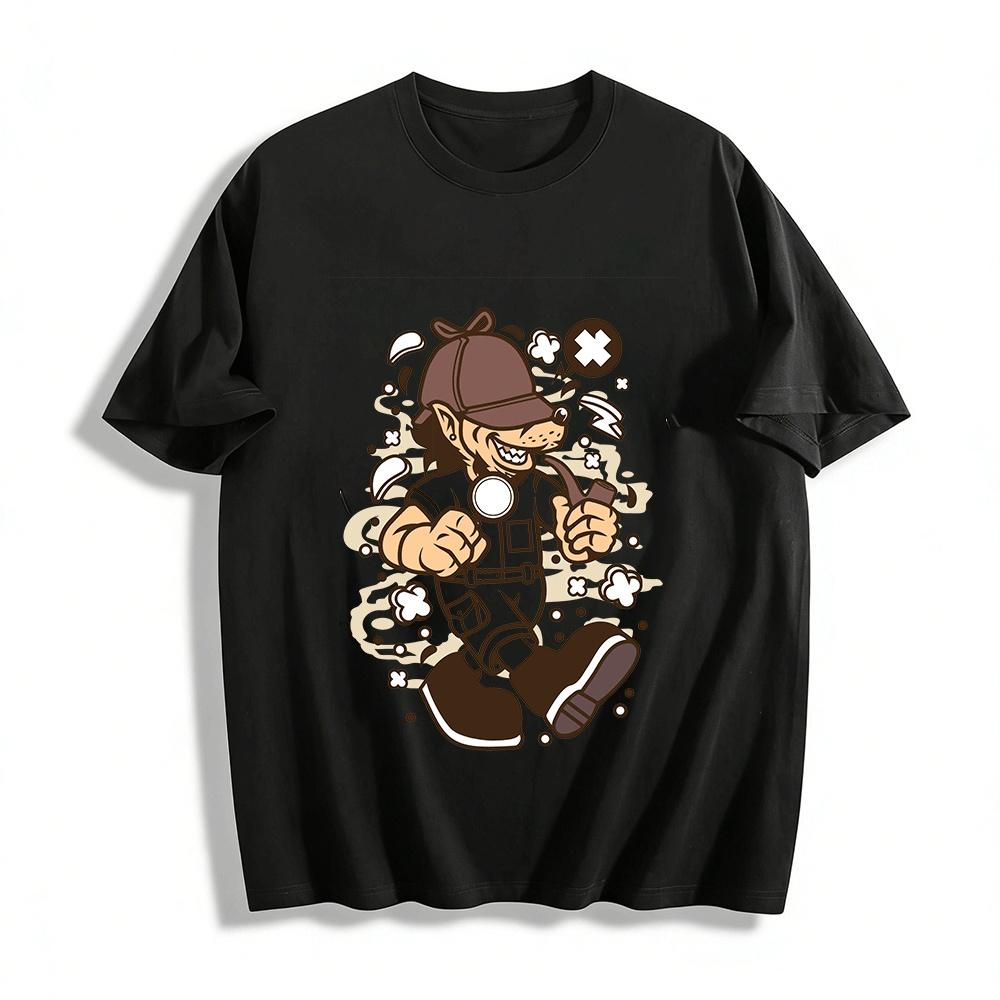 

Goofy Detective Wolf Print Tee Retro Trendy Casual Top Pure cotton T-shirt XXS