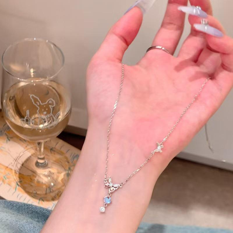 S999 Sterling Silver Butterfly Tassel Necklace with Colorful Diamonds & Moonstone, High-End Design for Women.