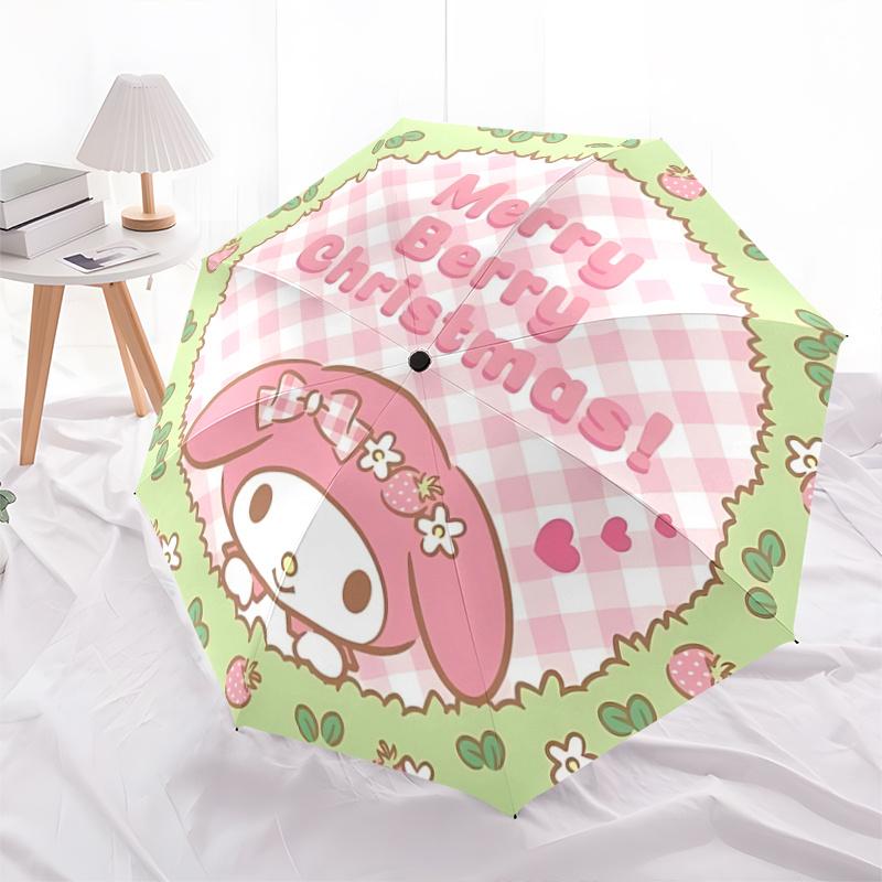 

1pc My Melody Cafe Merry Berry Christmas! Automatic Folding Umbrella - Portable Tri-Fold Design with Iron Frame, Outdoor, Festive Gift for Fans, Trave
