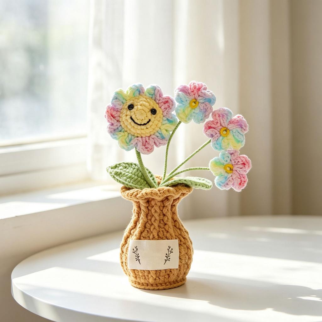 Crochet Sunflower Potted Plant in Brown Vase for Shelf Table Home Decor