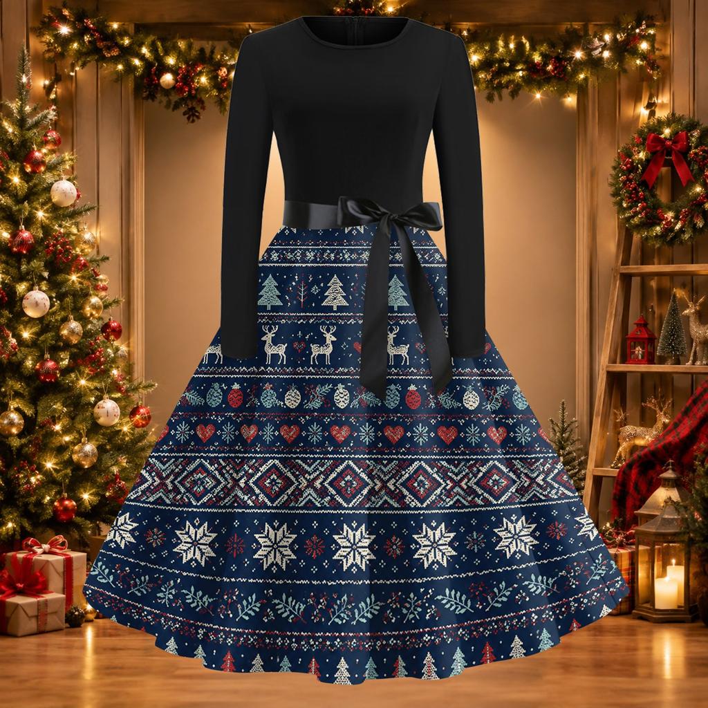 Women's Casual Christmas Print Long Sleeve Round Neck Slim Fit Flared Party Dress