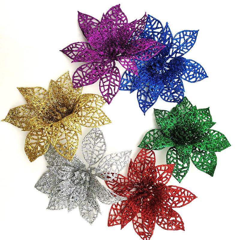 (6pcs/pack) Mixed Colors Artificial Christmas Tree Flower Glitter Decorations Xmas Ornaments New Year Gift