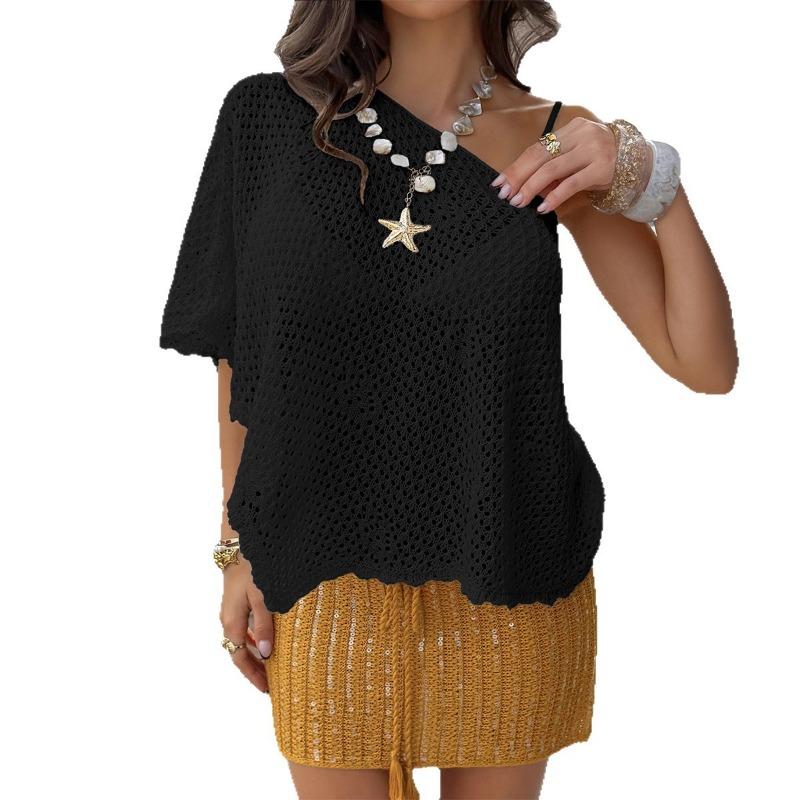 Womens Solid Color Hollow Out Knit Poncho Cape Shawl