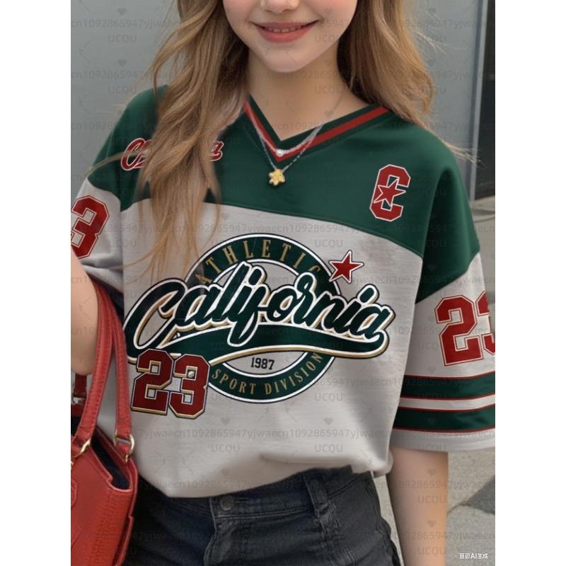 Girls Casual Sports Style California Print Short Sleeve V-Neck Women's Children Men's T-shirt Tops