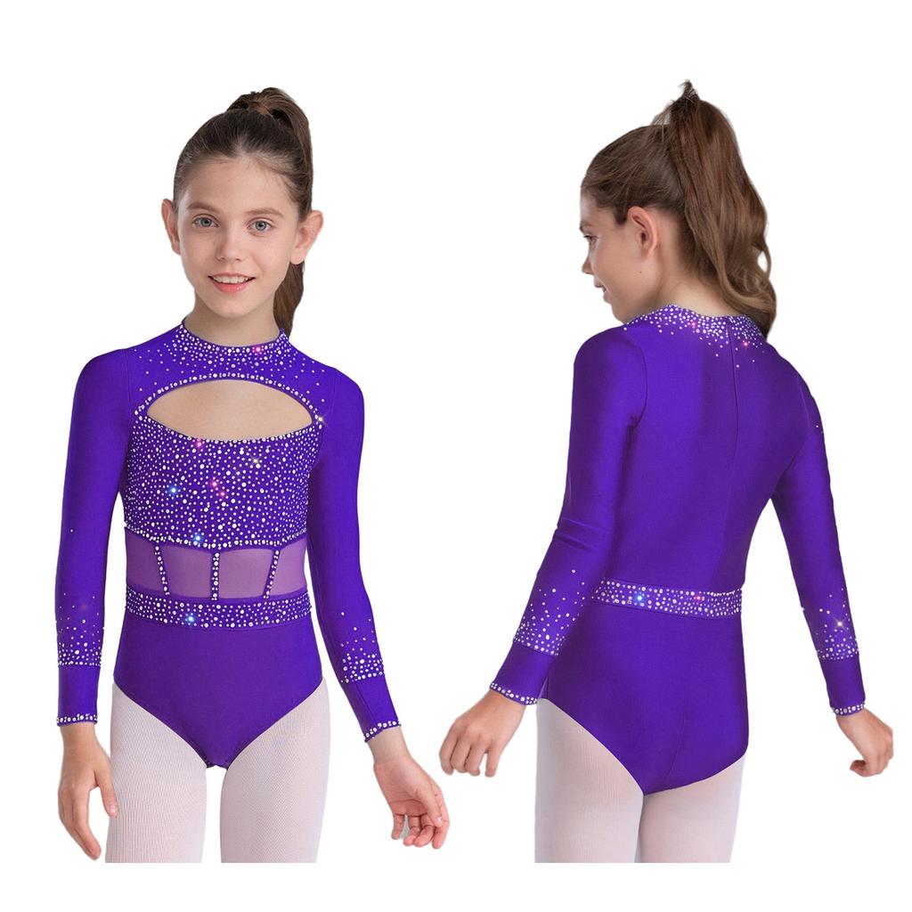 Girls Dance Bodysuit Long Sleeve Rhinestone Leotard with Back Zipper & Cutout for Performance