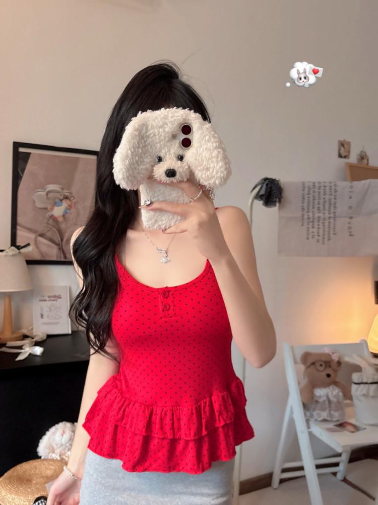 Women's Polka Dot U-Neck Button Strap Tank Top with Subtle Ruffles and Chest Pads - Slim Fit for Spring/Summer