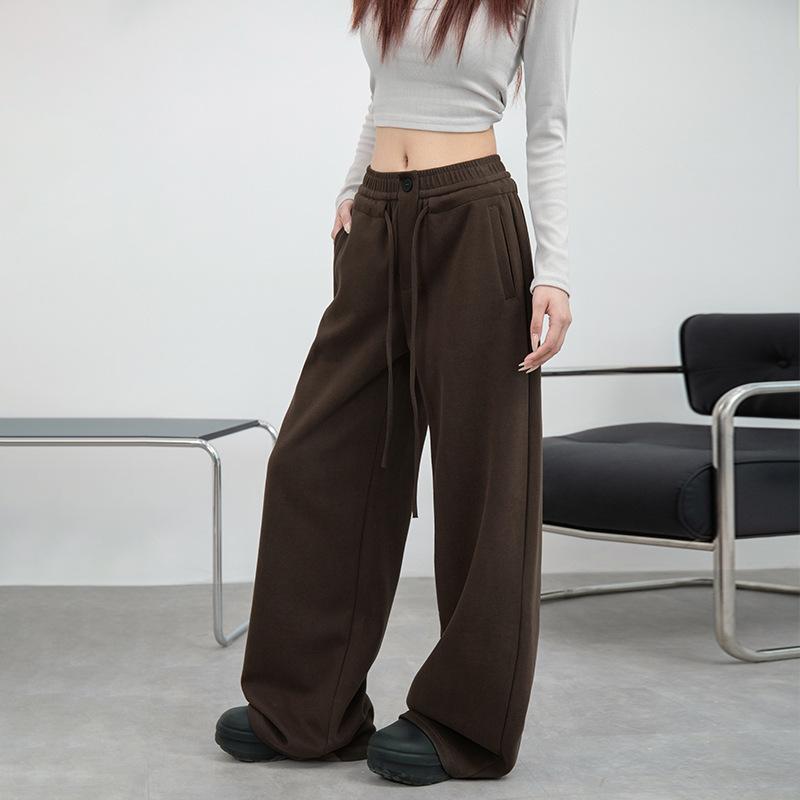 

Khaki wide-leg pants women s autumn new design sense high waist drawstring loose straight casual pants S коричневый