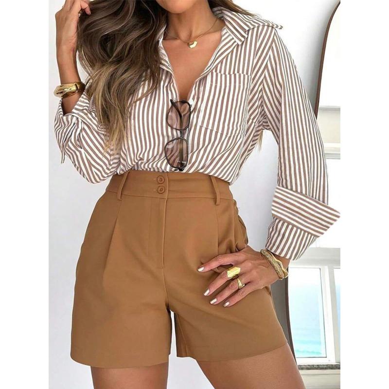 

Женская полосатая рубашка на пуговицах с длинным рукавом, повседневная, с воротником, для работы в офисе, с карманом L