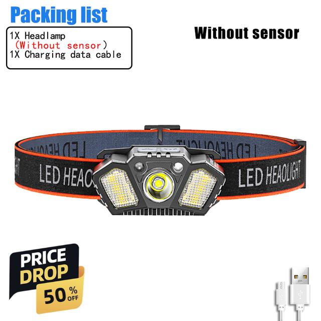 

Светодиодные налобные фонари с индукционной зарядкой, перезаряжаемые через USB, с двойным источником света, налобный фонарь COB, сверхяркий налобный фонарь XPE, уличные поисковые фонари для рыбалки