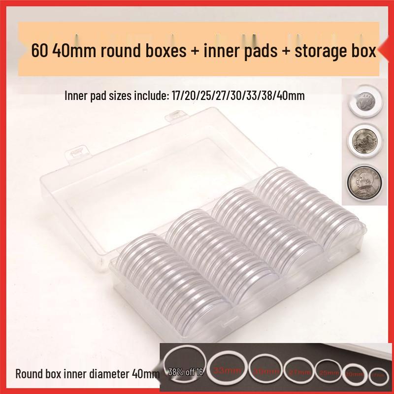 60-Pack 40mm Round Commemorative Coin Collection Boxes with Adjustable 30mm Inner Pads