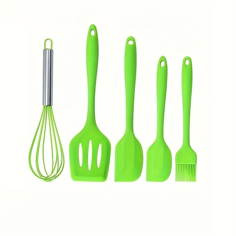 5-teiliges Buntes Silikon Küchenutensilien-Set Großer Schaber Kleiner Schaber Mixer Ölpinsel Langer Pfannenwender Farbe Backen Küchenwerkzeuge