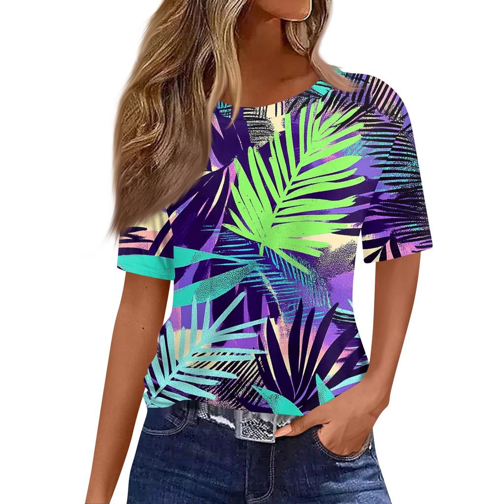 Women's Fashionable Casual Short Sleeve Print Round Neck Pullover Top