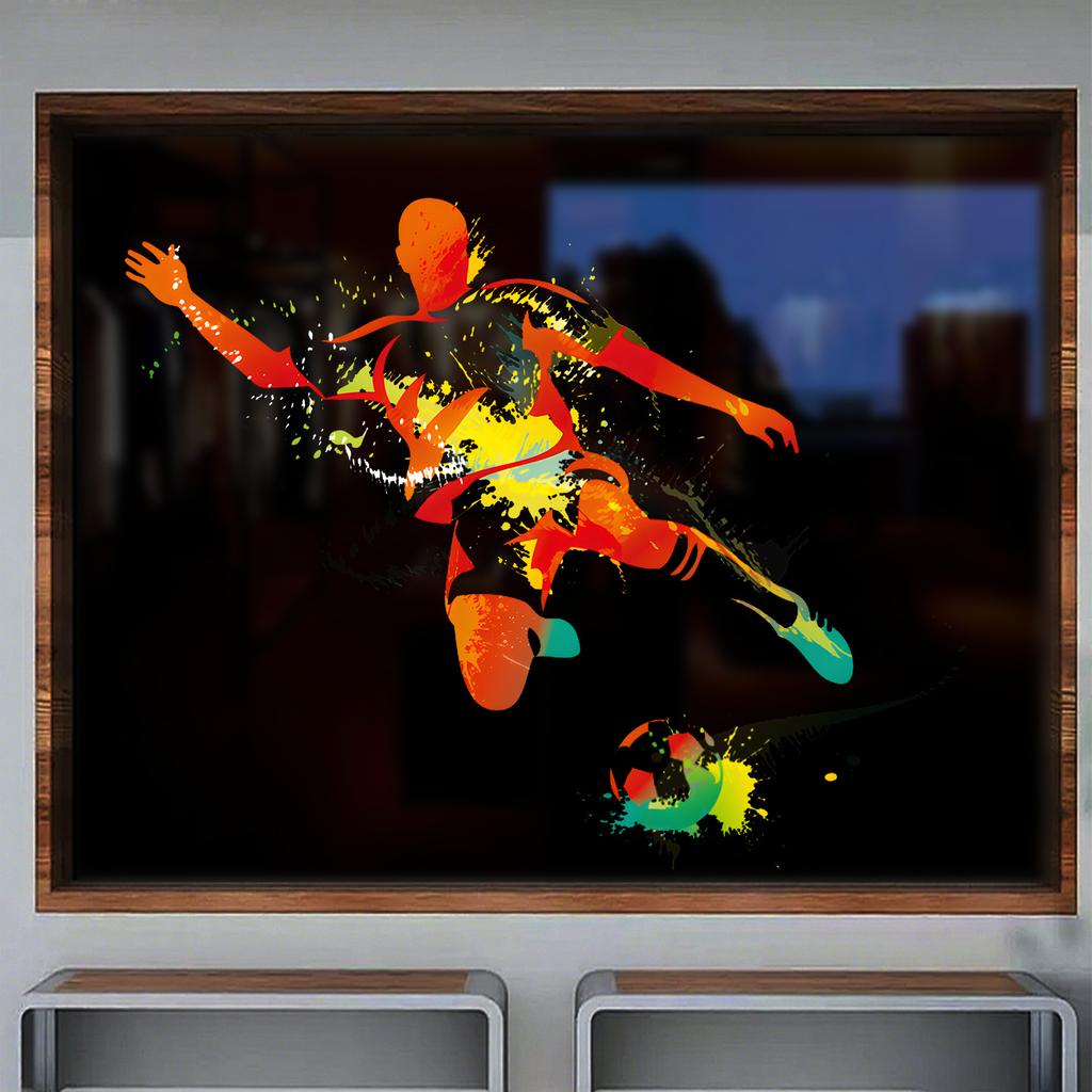 Statisch Haftende Fensteraufkleber Fußballspieler-Silhouette Tintenspritzer-Stil für Schlafzimmerfenster Trendige Heimdekoration