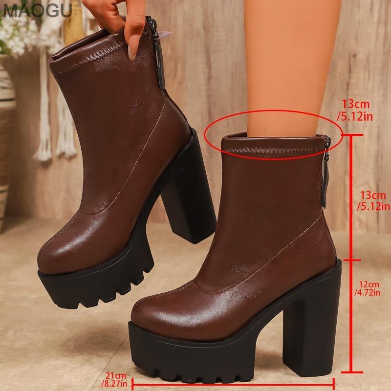 Stivaletti Corti Marroni da Donna con Suola Spessa in Pelle con Tacco Chunky per Donna Moda Primavera Autunno Botines Neri Antiscivolo