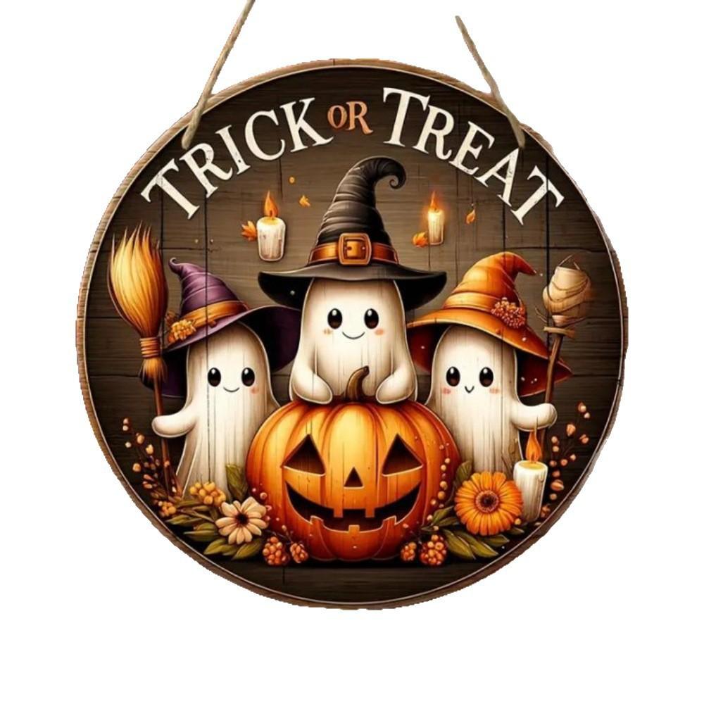 Halloween Wooden Door Plaque Craftsmanship Circular Logo Witch Pendant Home Decor