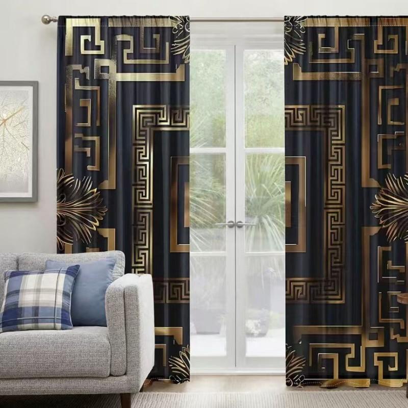 Set Of 2 Gold Patterned Black Background Polyester Curtains Curtain