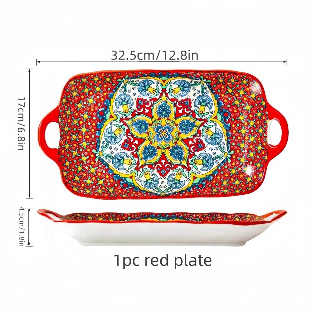 1pc Bohemian style ceramic fish dish with handle: 12.8-inch rectangular dining table tray, suitable for microwave and oven