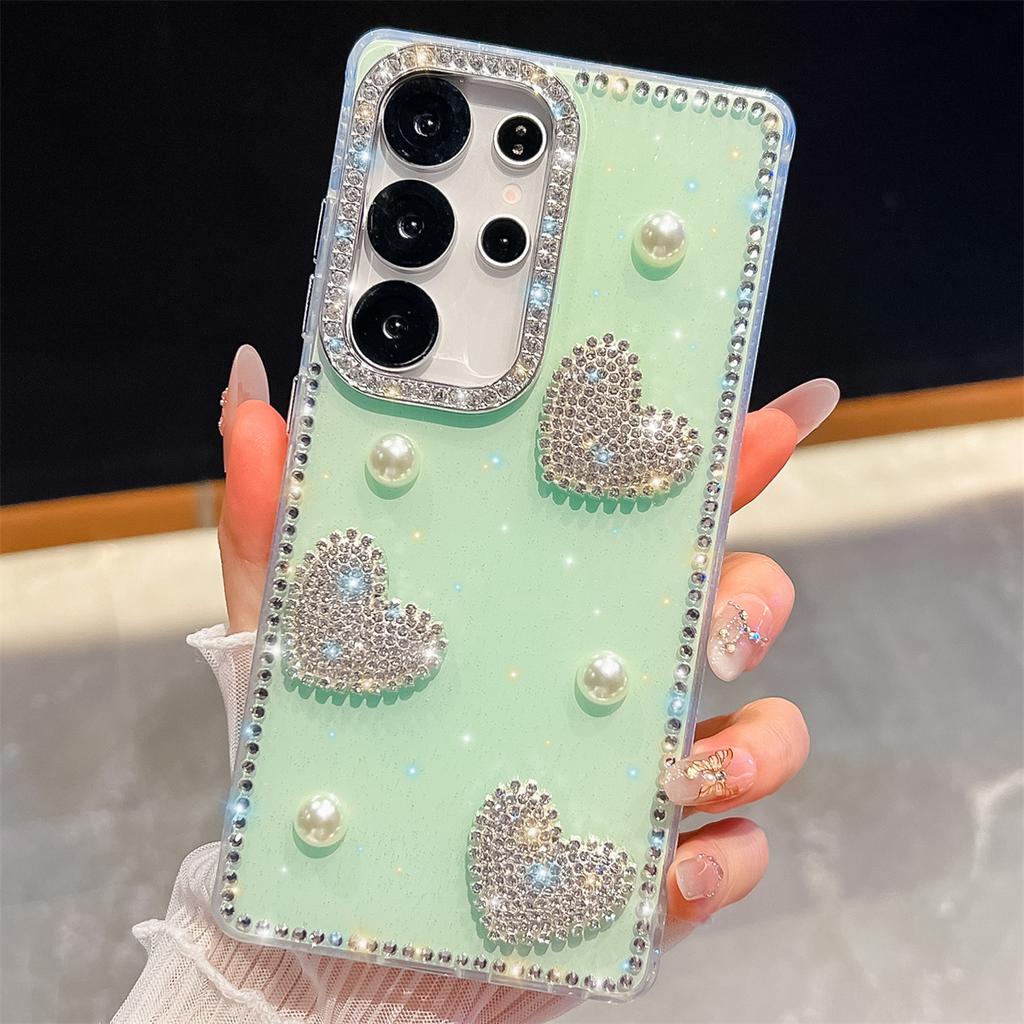 Handmade Sparkly Diamond Pearl Heart IMD Phone Case, Compatible with Samsung S23 Ultra/S24/S25 & A07/A15/A16/A17/A26/A35/A36/A55/A56