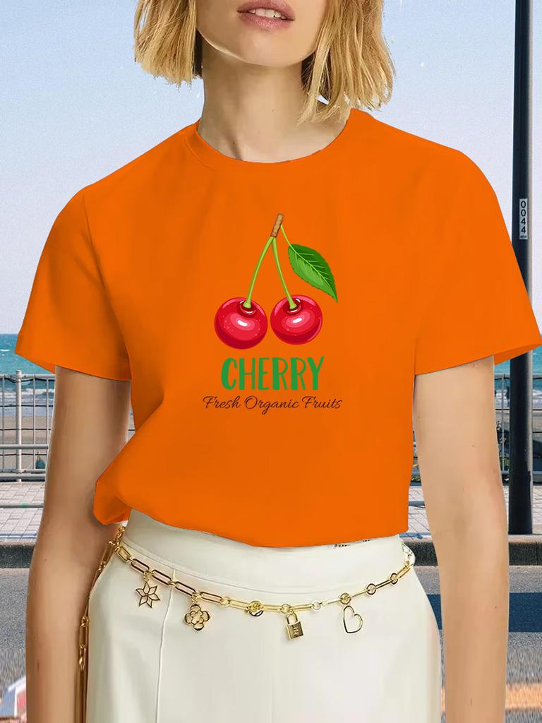 Cherry Blossom Graphic Print Crew Neck T-Shirt - Women's Casual Short Sleeve Summer & Spring Top Relaxed Fit