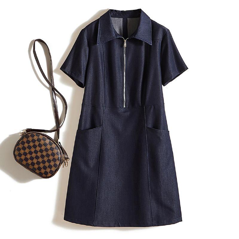 Fresh Women Summer Washed Cotton Denim Blue Front Zipper Easy to Wear with Pockets Dress Slimming Old Pink Close Your Eyes