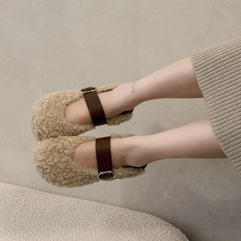 Leopard Print Fur Shoes Winter New One-line Belt Round Toe Shallow Mouth Soft Sole Non-slip Wear-resistant Flat Shoes