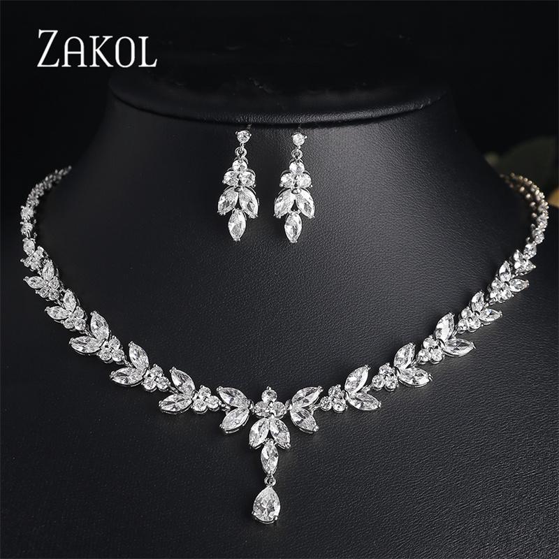 ZAKOL Luxury Cubic Zirconia Necklace Earrings Rings Set for Women Shinny Water Drop Leaf CZ Bridal Wedding Jewelry Sets