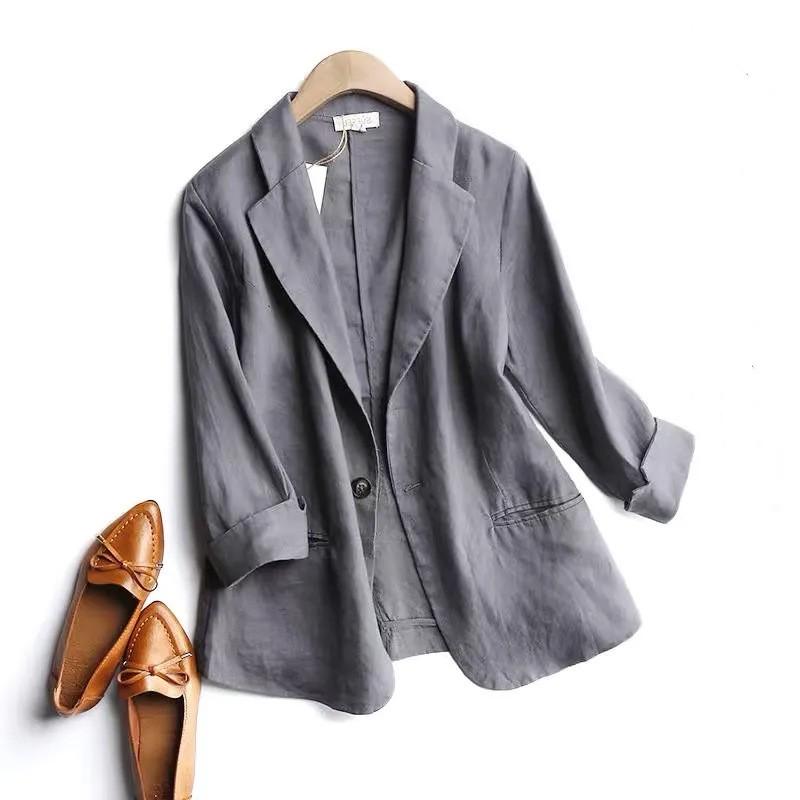 

Women s Spring/Summer Cotton-Linen Blazer: 3/4-Sleeve, Pockets, Stylish Oversized Shirt S серый