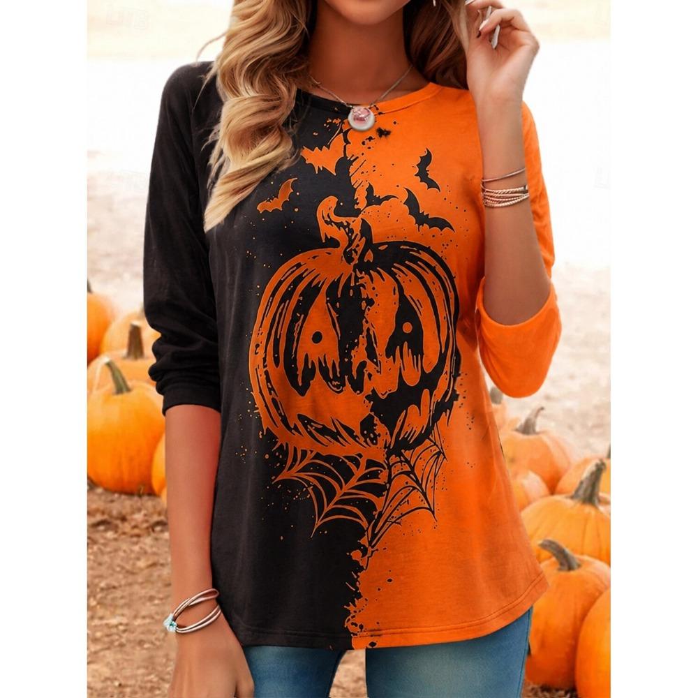 Women Halloween Costume Pumpkin Shirt Long Sleeve Round Neck