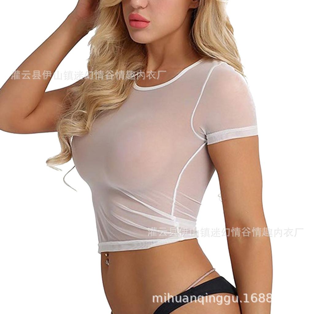 New erotic lingerie two-piece women's short-sleeved mesh see-through cropped top
