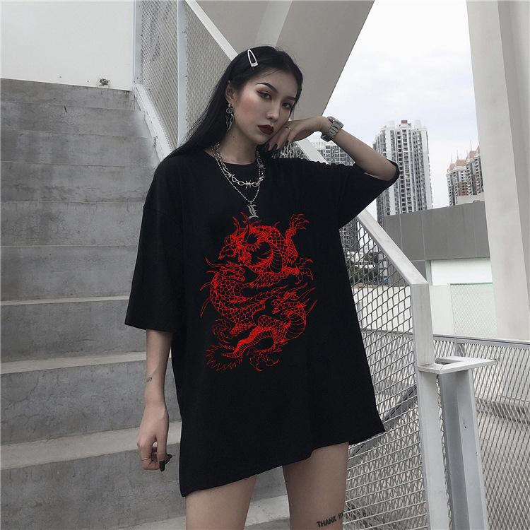 Damen Harajuku Y2K Oversized T-Shirt Drache Goth Anime Grafik-T-Shirt Vintage pro Choice Sommer Poly-Baumwoll-Set Oberteile