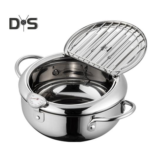 

Фритюрница из нержавеющей стали с термометром и решеткой для сушки масла, японская фритюрница с корзиной, маслостойкая крышка для домашней кухни L