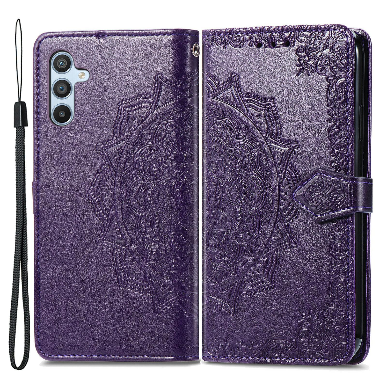 

For Samsung Galaxy A54 5G Embossed Mandala Pattern PU Leather Stand Case Magnetic Clasp Wallet Cover with Strap Purple