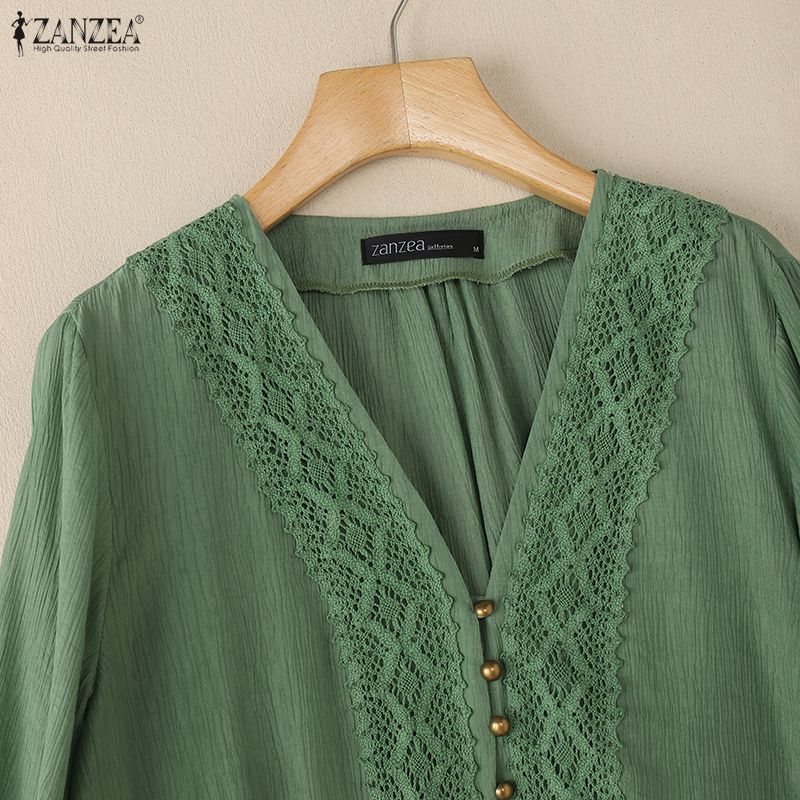 ZANZEA Women Casual V Neck Solid Color Long Sleeve Lace Crochet Loose Blouse