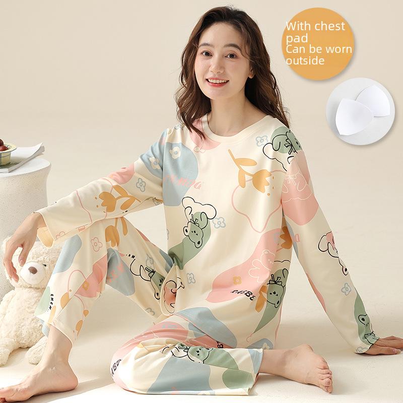 Pijama feminino de manga comprida com estampa de desenho animado e protetores de peito - algodão fino para uso interno/externo na primavera, outono e inverno