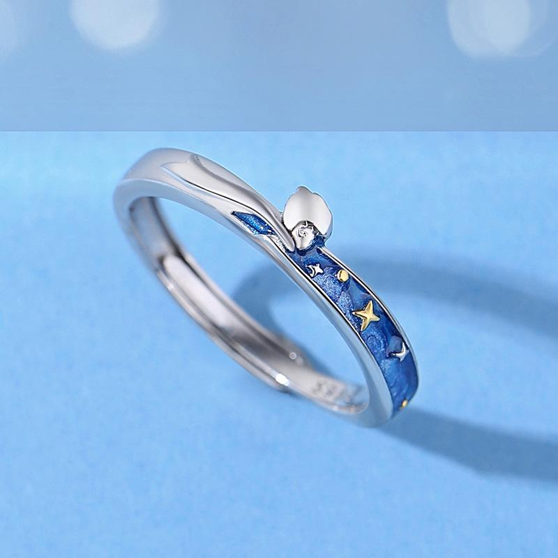 Sterling Silver Little Prince & Rose Open Couple Rings - Elegant Valentine's Day Gift
