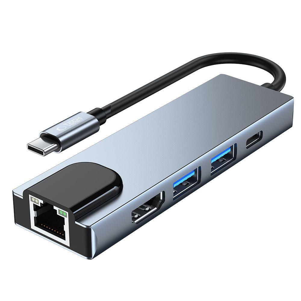 5in1 HUB USB-C to USB-C USB-A HDMI RJ45 Splitter - Gray
