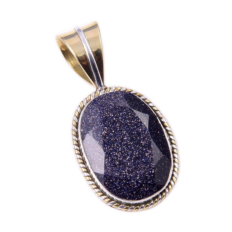 Natural Blue Sunstone 925 Solid Sterling Silver Gift TwoTone Pendant 1.25" T9A11