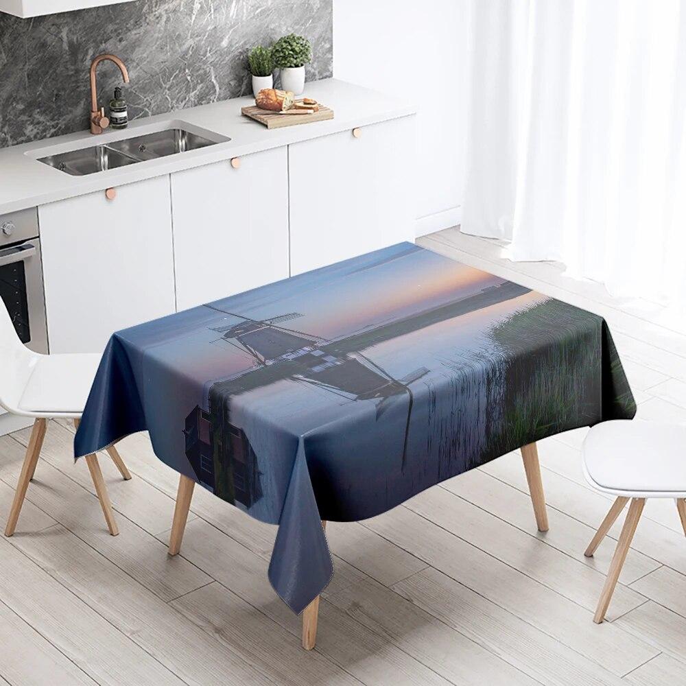 Sunset Windmill Scenery Tablecloth Party Restaurant Banquet Decor Stain Resistant Waterproof  Home Table Decoration
