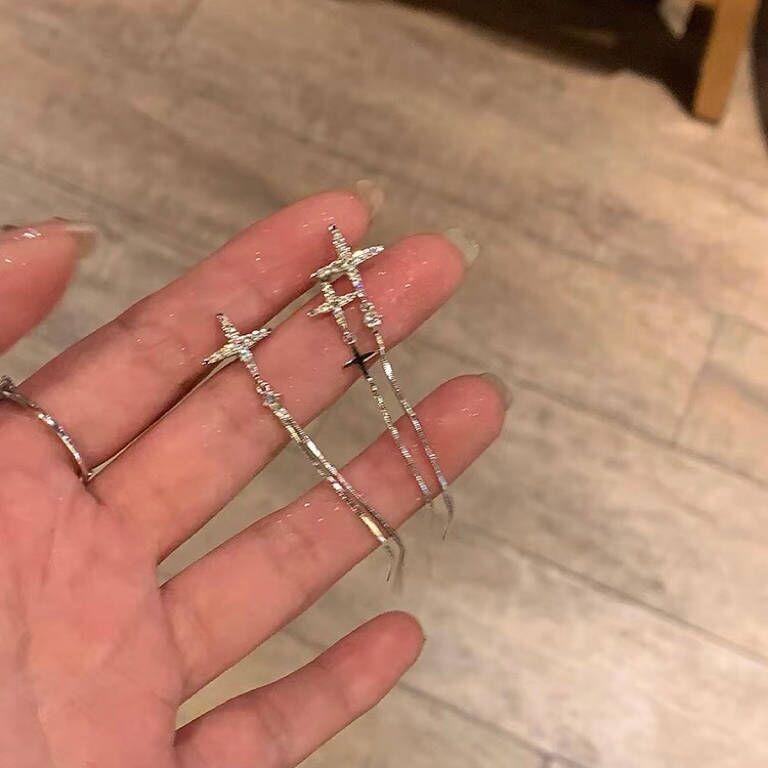 

Irregular cross star zircon fringed earrings femininity long silver needle stud earrings new thin earrings