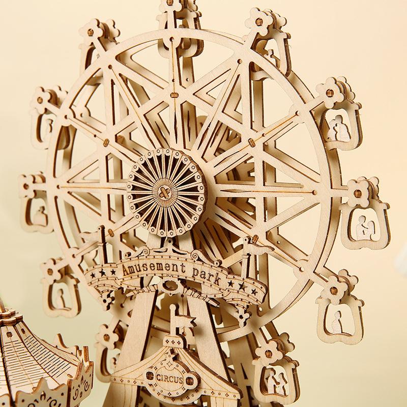 3D Wooden Puzzle Dream Amusement Park Led Rotatable Ferris Wheel Music Octave Box DIY Assembly Model Kit Toy Gift for Kids Adult